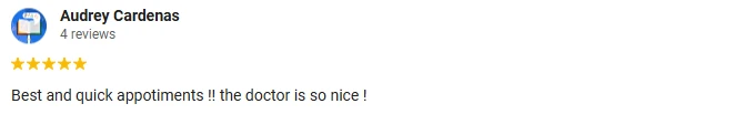 Eye Doctor Santa Ana CA Testimonial Audrey C A 5-star Google Review of Santa Ana Optometry, Inc. praising quick appointments and a nice doctor